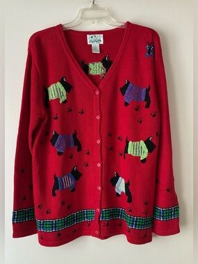 The Quacker Factory Scottie Dogs Cardigan, Sz. M, Red w/ Embroidered Scotties